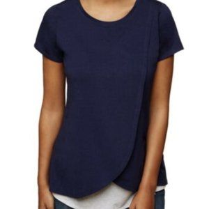 Motherhood Maternity Short SleDouble Layer Tulip Hem Nursing Top Navy Blue White